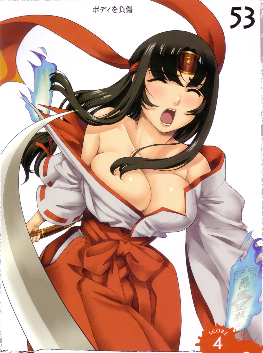 absurdres black_hair breasts eiwa hakama headband highres huge_breasts japanese_clothes miko ofuda open_mouth queen's_blade red_hakama ribbon-trimmed_sleeves ribbon_trim solo sword tearing_clothes tomoe torn_clothes weapon