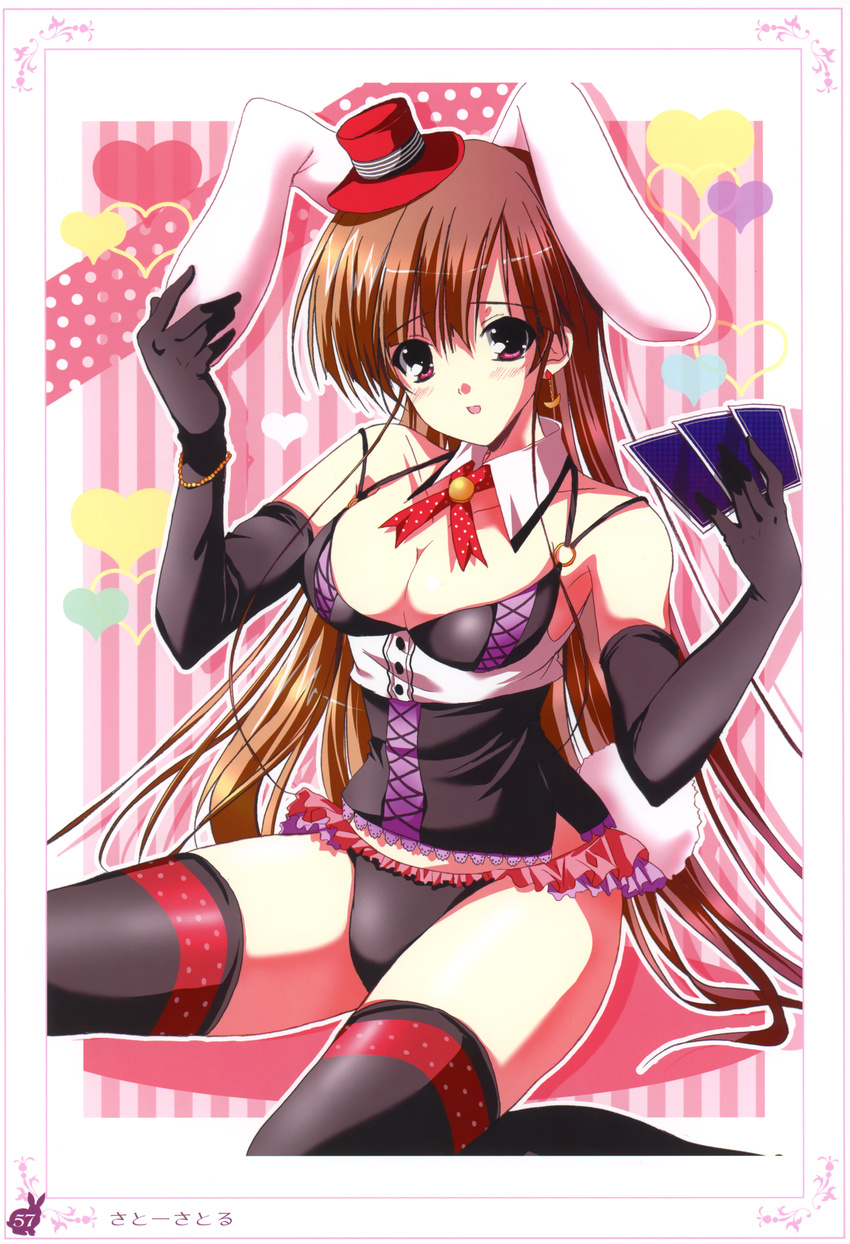 absurdres animal_ears black_legwear breasts brown_hair bunny_ears bunny_girl bunny_tail bunnysuit card cleavage copyright_request detached_collar earrings elbow_gloves fake_animal_ears gloves hat highres jewelry kneeling large_breasts mini_hat mini_top_hat pink_eyes satou_satoru solo tail thighhighs top_hat