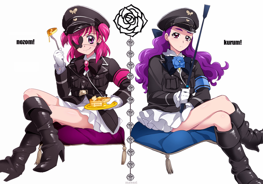 :q alternate_costume belt blue_flower blue_rose boots bow character_name crossed_legs eyelashes eyepatch flower food fork frown full_body gloves hat jacket long_hair maeashi milk_(yes!_precure_5) mimino_kurumi multiple_girls pancake pillow pink_flower pink_hair pink_rose precure purple_eyes purple_hair red_eyes ribbon rose short_hair short_twintails sitting skirt tongue tongue_out twintails two_side_up white_flower white_gloves white_rose yes!_precure_5 yes!_precure_5_gogo! yumehara_nozomi