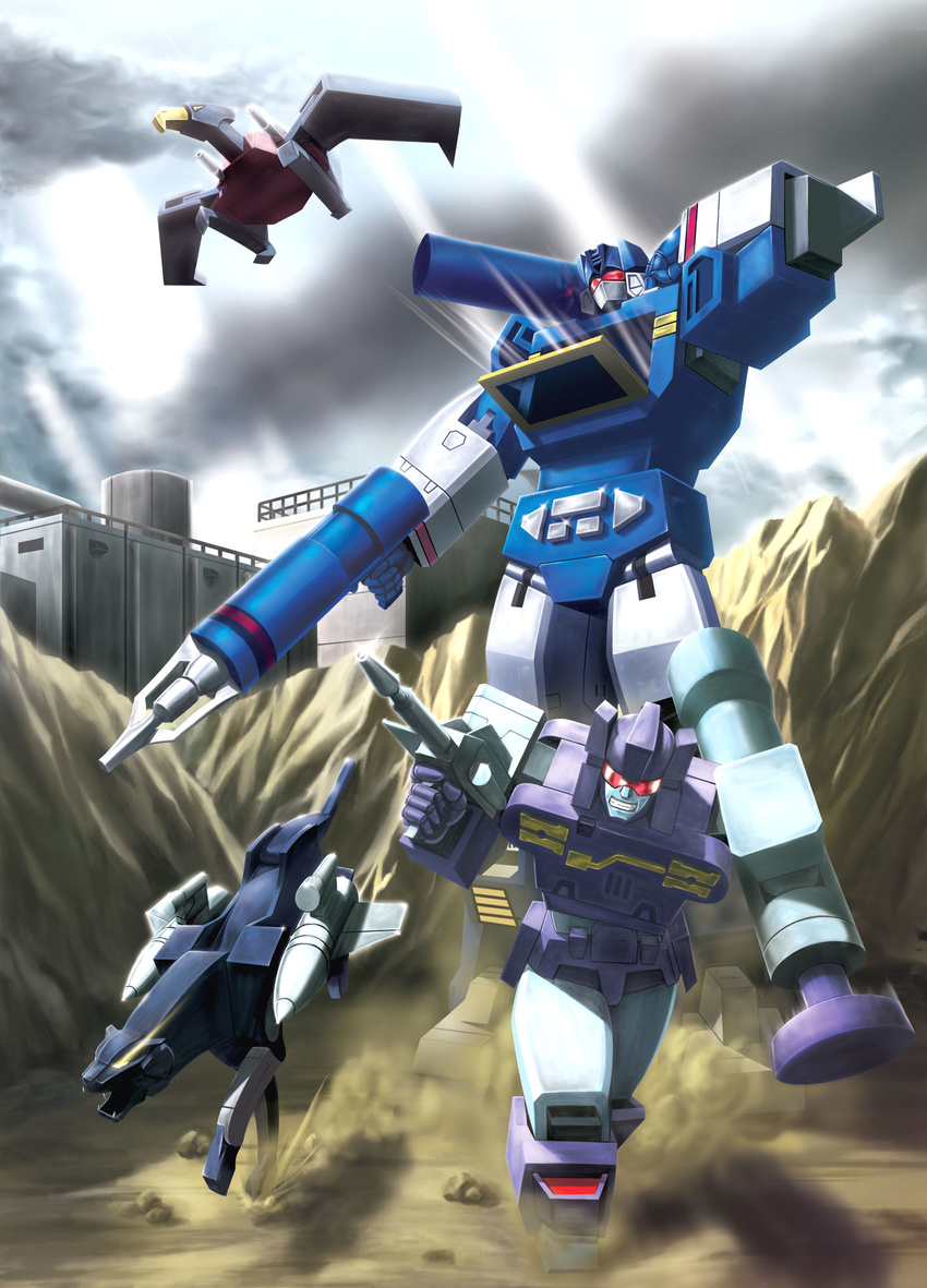 bad_id bad_pixiv_id bird cloud decepticon dust eagle frenzy gun handgun highres hiro_(hibikigaro) laserbeak mecha missile no_humans oldschool panther pistol ravage rifle robot rumble science_fiction soundwave transformers weapon