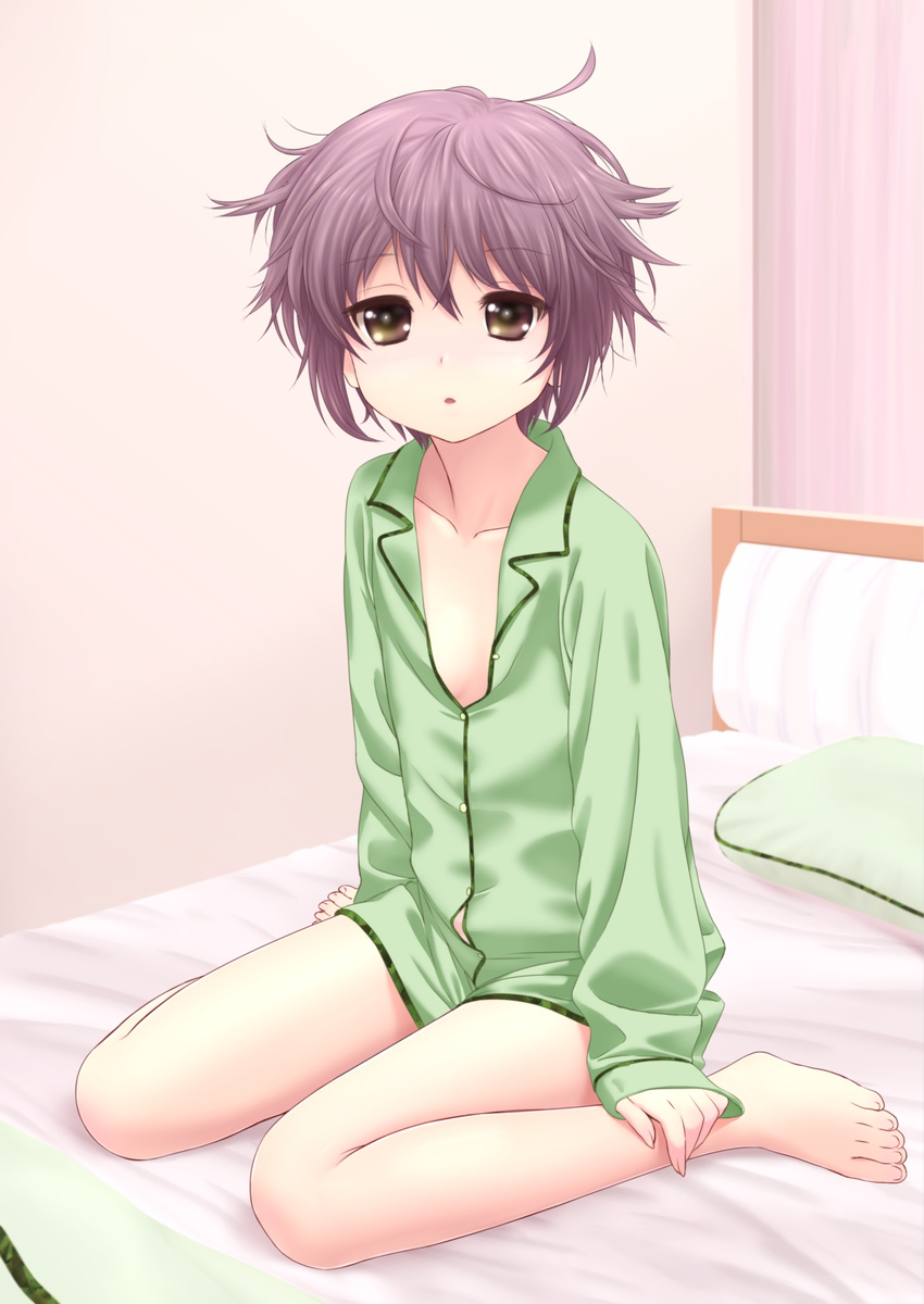 akahige barefoot bed bed_sheet feet flat_chest highres messy_hair nagato_yuki naked_shirt no_pants open_clothes open_shirt pajamas pillow purple_hair room shirt short_hair sleepwear solo suzumiya_haruhi_no_yuuutsu toes window yellow_eyes