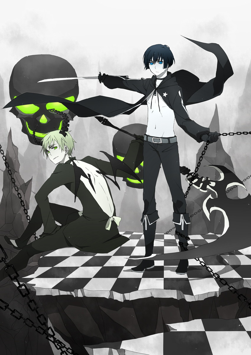 absurdres axis_powers_hetalia backless_outfit black_rock_shooter black_rock_shooter_(character) black_rock_shooter_(character)_(cosplay) blue_eyes catgirl0926 chain checkered cosplay dead_master dead_master_(cosplay) green_eyes highres japan_(hetalia) multiple_boys skull sword united_kingdom_(hetalia) weapon wings