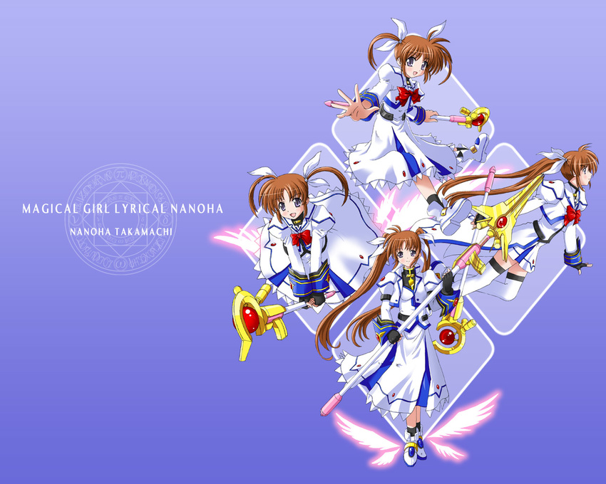 arm_guards bow character_name copyright_name cropped_jacket fingerless_gloves gloves jacket long_skirt long_sleeves lyrical_nanoha magazine_(weapon) magic_circle magical_girl mahou_shoujo_lyrical_nanoha mahou_shoujo_lyrical_nanoha_a's mahou_shoujo_lyrical_nanoha_strikers miniskirt multiple_persona octagram open_clothes open_jacket purple_eyes raising_heart red_bow red_hair ribbon shoes skirt star_of_lakshmi takamachi_nanoha thighhighs time_paradox twintails waist_cape wallpaper winged_shoes wings yone