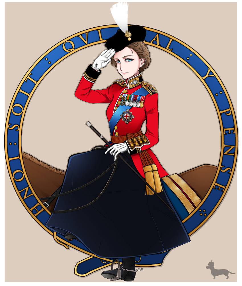 blue_eyes boots british brown_hair dog elizabeth_ii england gloves hat highres horse horseback_riding inset looking_at_viewer md5_mismatch medal military military_uniform queen real_life riding riding_crop salute silhouette solo spurs toge_inu uniform united_kingdom