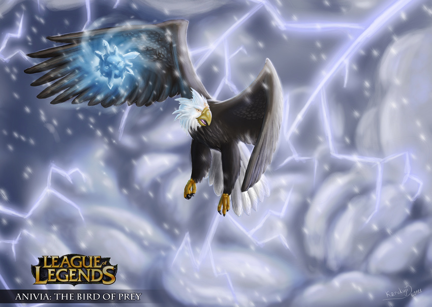 anivia avian bird bird_of_prey block bolt claws cloud clouds eagle feathers female frost frostbolt humor humour ice karukuji league league_of_legends legends lightning of prey snow storm wings winter