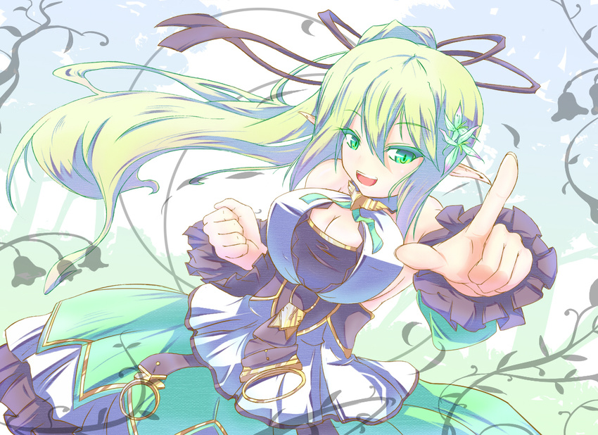 bad_id bad_pixiv_id blonde_hair breasts dress elsword flower green_eyes hair_flower hair_ornament large_breasts lily_(flower) long_hair mikagi-qo pointing pointy_ears ponytail rena_(elsword) smile solo wind_sneaker_(elsword)