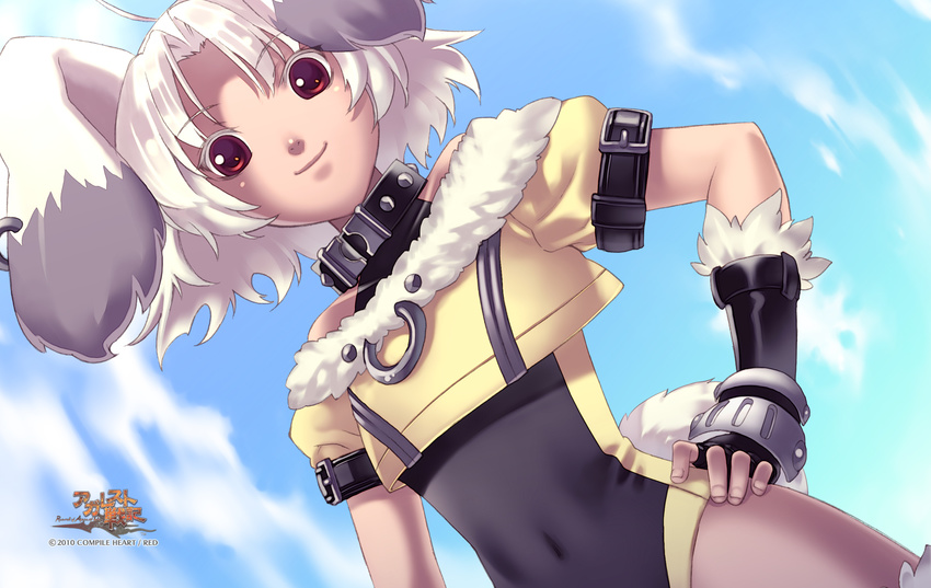 2010 agarest_senki agarest_senki_(series) albino animal_ears bunny_ears company_name copyright_name covered_navel day dutch_angle fingerless_gloves game_cg gloves halterneck hand_on_hip highres hirano_katsuyuki leotard official_art qua_(agarest_senki) red_eyes short_hair sky smile solo white_hair