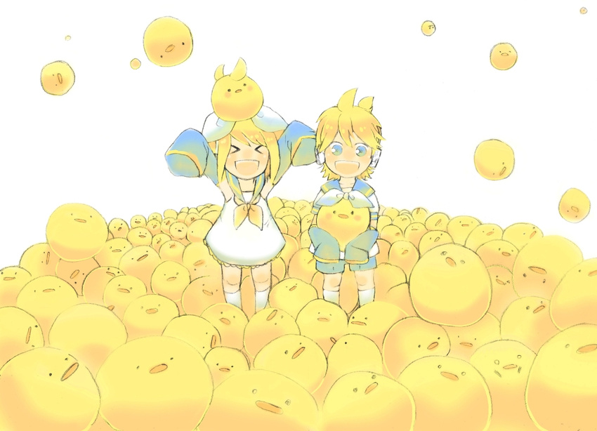 &gt;_&lt; 1girl :d aqua_eyes arms_up asukin bird blonde_hair brother_and_sister chibi chick closed_eyes detached_sleeves dress hair_ribbon kagamine_len kagamine_rin open_mouth ribbon sailor_dress short_hair shorts siblings sleeves_past_wrists smile too_many too_many_chicks twins vocaloid