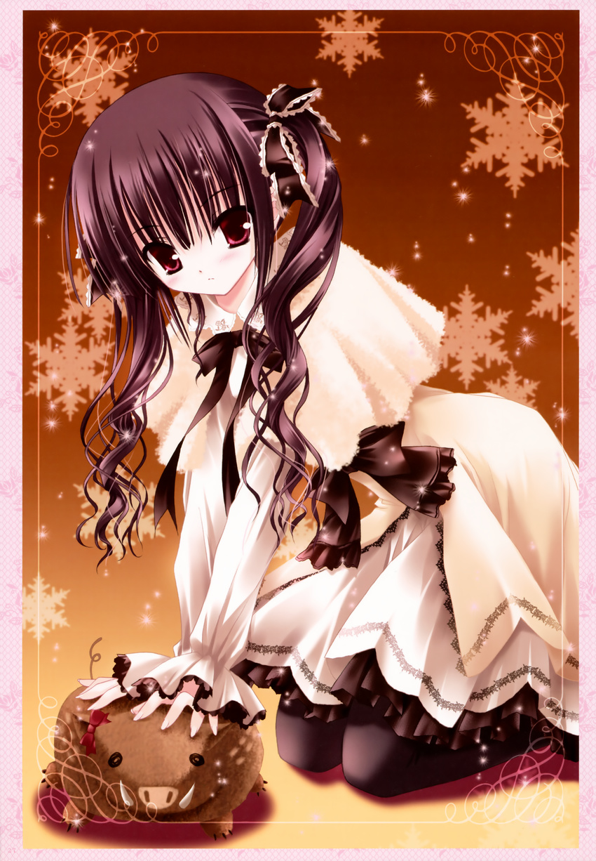 absurdres bell blush bow brown_hair capelet copyright_request frills hair_ribbon highres huge_filesize kneeling lolita_fashion long_hair pantyhose red_eyes ribbon snowflakes solo tinker_bell twintails