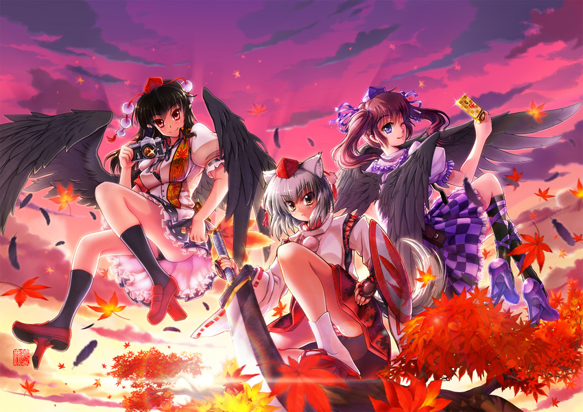 :q animal_ears black_hair black_legwear black_panties blouse breasts camera cellphone choker cloud geta hat heart high_heels highres himekaidou_hatate inubashiri_momiji leaf long_hair looking_at_viewer looking_back maple_leaf medium_breasts muchousha multiple_girls one_eye_closed orange_sky panties phone pom_pom_(clothes) red_eyes ribbon ribbon_choker shameimaru_aya shield shoes short_hair short_sleeves silver_hair skirt sky smile socks striped striped_panties sword tail tokin_hat tongue tongue_out touhou tree twintails underwear weapon white_legwear wings wolf_ears wolf_tail yellow_eyes