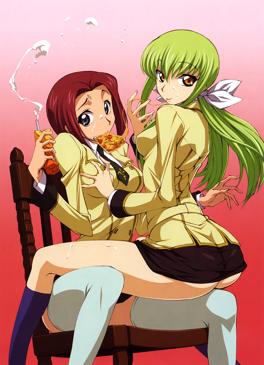 absurdres ashford_academy_uniform ass blue_eyes blue_legwear breast_grab breasts brown_eyes c.c. chair cheese_trail code_geass food grabbing green_hair highres juice_box kallen_stadtfeld kneehighs legs long_hair long_legs medium_breasts milk miniskirt mouth_hold multiple_girls no_panties pizza ponytail red_background red_hair school_uniform sexually_suggestive short_hair simple_background sitting sitting_on_lap sitting_on_person skirt slice_of_pizza socks spread_legs straddling suggestive_fluid tabata_hisayuki thighhighs thighs white_legwear yuri zettai_ryouiki