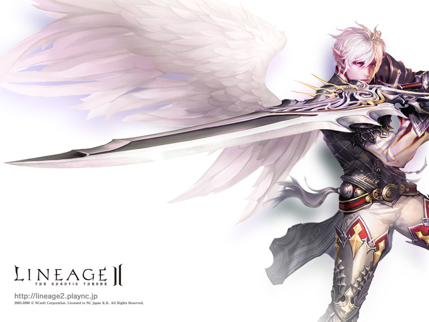 battle lineage_2 male pointed_ears sword white_hair wings