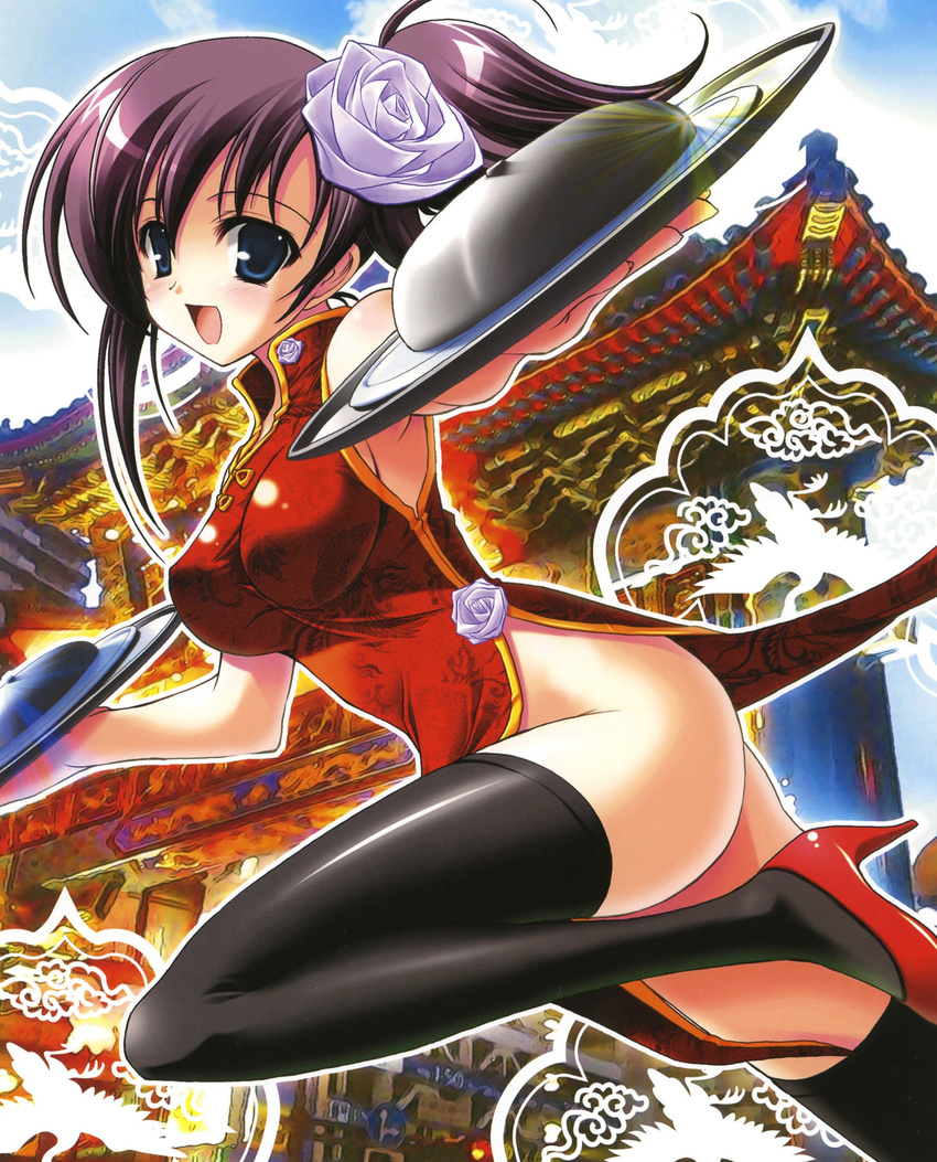 :d absurdres black_legwear blue_eyes breasts chinese_clothes chinese_food copyright_request cover covered_nipples flower hair_flower hair_ornament high_heels highres legs medium_breasts misakura_nankotsu no_bra no_panties open_mouth purple_hair rose shoes side_ponytail side_slit smile thighhighs tray