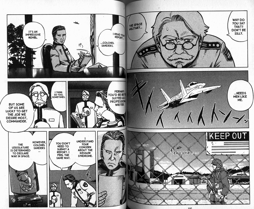 artist_request colonel_sanders comic glasses greyscale hard_translated highres kfc male_focus monochrome multiple_boys planetes scan translated what