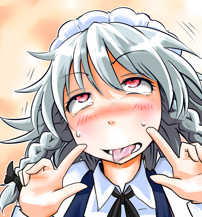 ahegao blush bow braid drooling hair_bow hair_ribbon highres izayoi_sakuya long_hair maid_headdress open_mouth pointing red_eyes ribbon saliva silver_hair solo sweat tears tongue tongue_out touhou twin_braids upper_body wakie