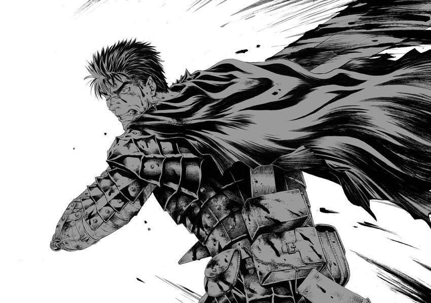 armor berserk blood cape dragonslayer_(sword) greyscale guts huge_weapon kurenai_karasu male_focus monochrome scar solo sword weapon