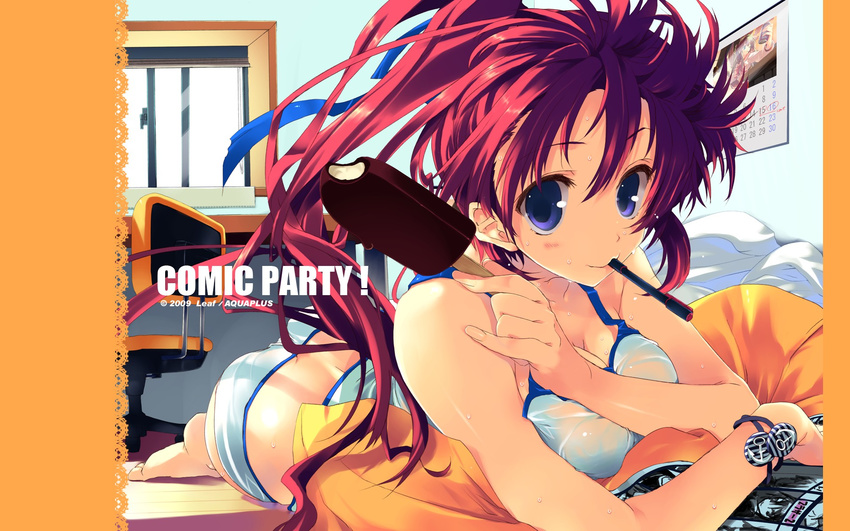 aquaplus ass bare_shoulders blue_eyes breasts camisole cleavage comic_party fingernails food hair_ribbon highres leaf_(studio) long_fingernails long_hair looking_at_viewer lying medium_breasts mouth_hold on_stomach panties ponytail popsicle red_eyes ribbon see-through solo sweatdrop takase_mizuki underwear wallpaper