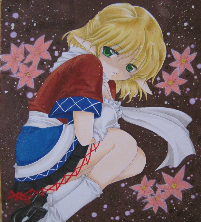 arm_warmers blonde_hair eyelashes feet_out_of_frame fetal_position flower green_eyes highres leg_warmers marker_(medium) mizuhashi_parsee pointy_ears scarf short_hair socks solo touhou traditional_media w0ru white_legwear