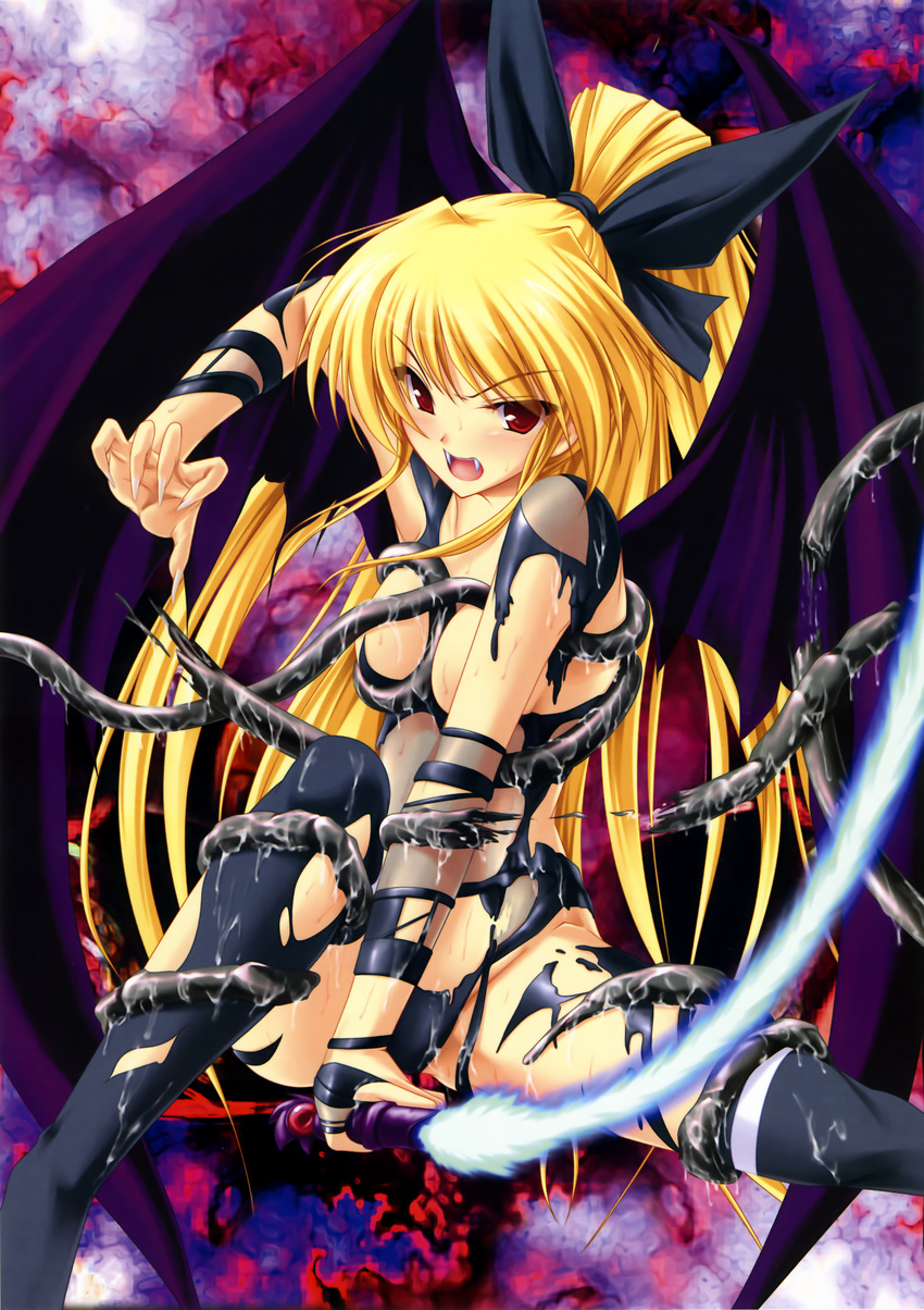 1girl absurdres copyright_request demon_girl demon_wings fang fangs fingernails highres long_fingernails long_hair ponytail solo succubus tenmaso tentacle tentacles thighhighs torn_clothes very_long_hair whip wings