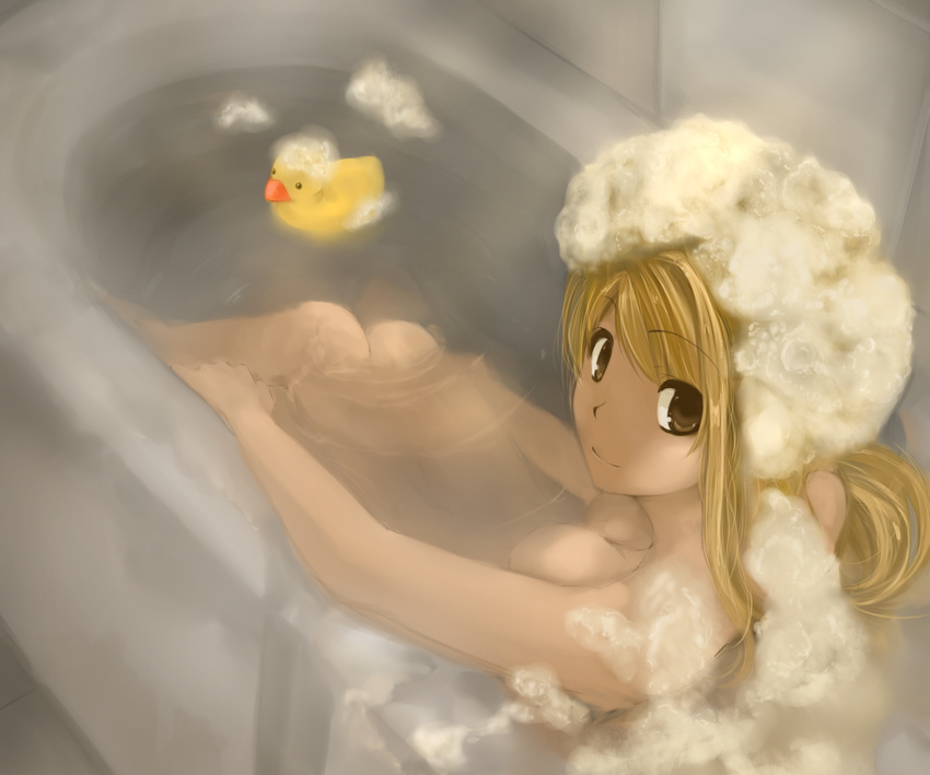 bangs bath bathing bathroom bathtub blonde_hair breasts brown_eyes dutch_angle from_above full_body indoors knees_up light_smile long_hair looking_at_viewer looking_back medium_breasts nanaonal nude original parted_bangs partially_submerged rubber_duck shampoo sitting smile soap_bubbles solo tile_wall tiles toy water