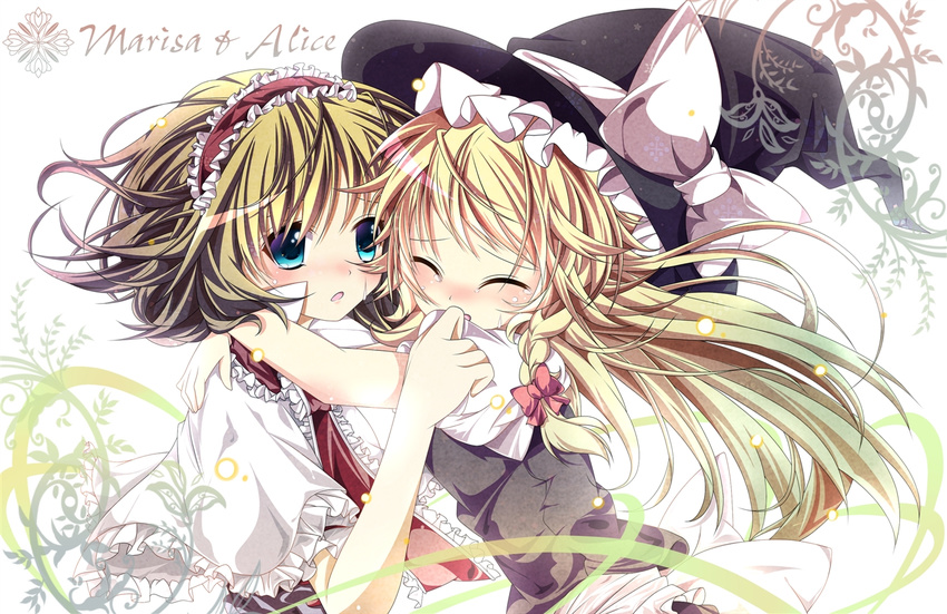 :o alice_margatroid bad_id bad_pixiv_id blonde_hair blue_eyes blush bow braid capelet closed_eyes dress hair_bow hairband hat hikobae hug kirisame_marisa long_hair multiple_girls open_mouth short_hair tears touhou witch_hat