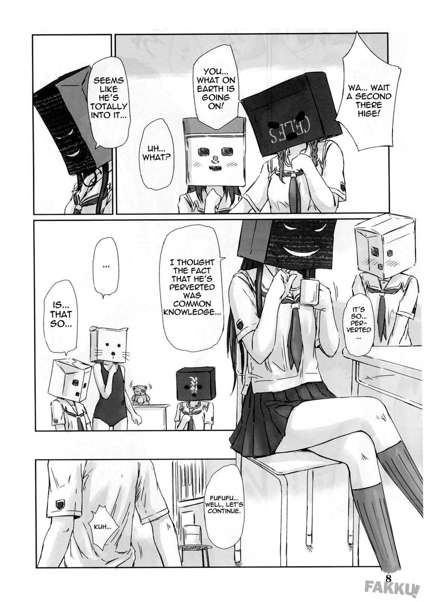 6+girls bag_over_head comic crossed_legs doujinshi futami_eriko greyscale hard_translated highres jpeg_artifacts kibina_high_school_uniform kimi_kiss kisaragi_gunma monochrome multiple_girls school_uniform sitting translated watermark