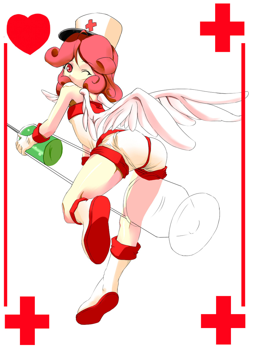 angel fairy injection_fairy_lily nurse red_eyes syringe wings wink yugioh