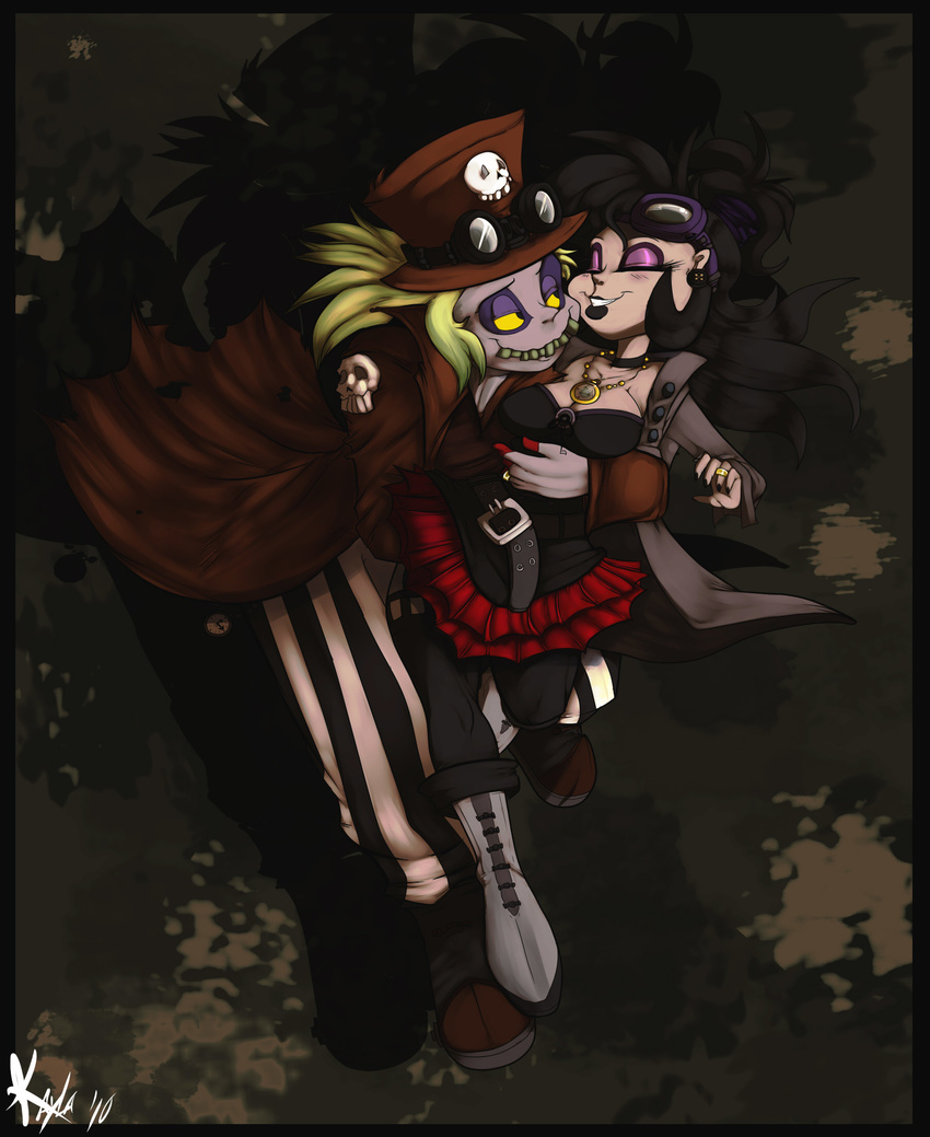 black_hair blonde_hair boots cleavage clothed clothing eyes_closed eyewear female goggles grin hair hat human kayla-na lydia_deetz male mammal mel_the_hybrid skull smile steampunk yellow_eyes