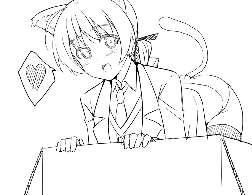 animal_ears box cardboard_box cat_ears cat_tail greyscale heart highres in_box in_container lineart lynette_bishop monochrome necktie no_pants panties piiko_(aa_doushiyou) smile solo spoken_heart strike_witches tail thighhighs underwear world_witches_series