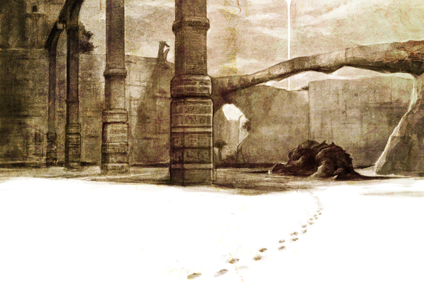 character_request colossus column footprints itoko monochrome perspective pillar quadratus scenery sepia shadow_of_the_colossus