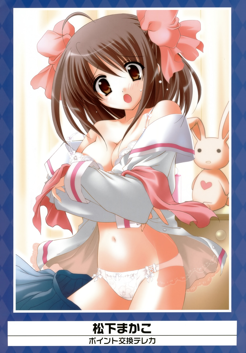 :o absurdres bow bra breast_hold breasts cleavage copyright_request hair_bow highres matsushita_makako medium_breasts open_mouth panties school_uniform skirt skirt_around_one_leg solo stuffed_animal stuffed_bunny stuffed_toy thighhighs underwear undressing white_panties