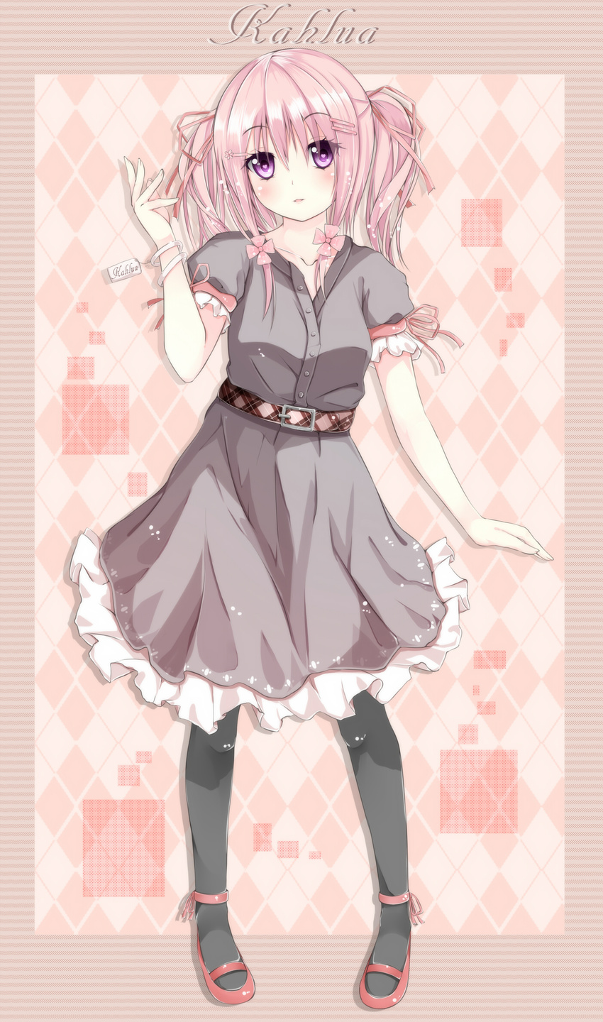 amatsuki_hotaru bangs belt blush bracelet collarbone commentary_request dress eyebrows_visible_through_hair full_body hair_ornament hair_ribbon hairclip hairpin highres jewelry looking_at_viewer mary_janes original pantyhose pink_eyes pink_hair ribbon shoes short_sleeves solo standing twintails