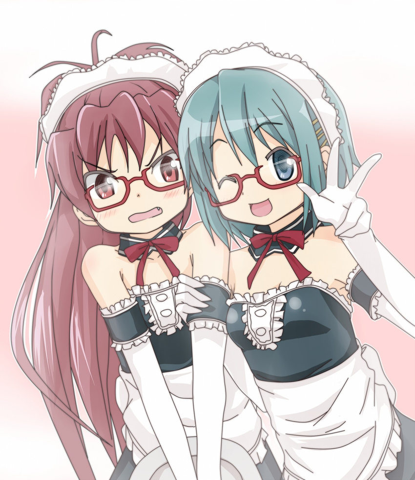 alternate_costume apron bare_shoulders blue_eyes blue_hair blush bow enmaided fang glasses hair_ornament hairclip hangaku highres mahou_shoujo_madoka_magica maid miki_sayaka multiple_girls one_eye_closed ponytail red-framed_eyewear red_eyes red_hair sakura_kyouko short_hair smile