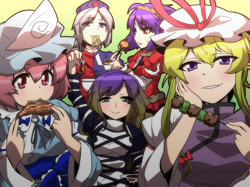 blonde_hair blue_eyes braid dress eating food gradient_hair hat hijiri_byakuren japanese_clothes jeno long_hair multicolored_hair multiple_girls noodles nurse_cap pink_eyes pink_hair purple_hair ramen red_eyes saigyouji_yuyuko short_hair silver_hair takoyaki touhou triangular_headpiece two-tone_hair yagokoro_eirin yakumo_yukari yasaka_kanako yellow_eyes