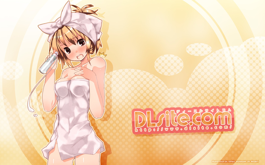 blush brown_eyes brown_hair cleavage dille_brad dlsite.com lotion naked_towel open_mouth oppai refeia towel towel_on_head