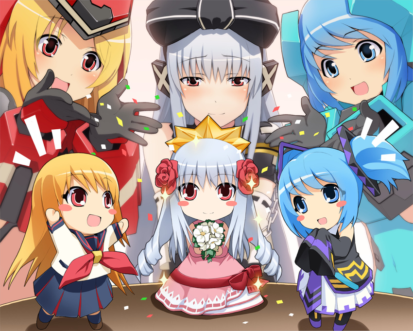 alternate_form blonde_hair blue_eyes blue_hair blush_stickers chibi confetti cosmic_break crimrose detached_sleeves dress flower hair_ornament hair_ribbon ivis lily_rain long_sleeves mecha_musume multiple_girls official_art red_eyes ribbon school_uniform silver_hair skirt sleeves_past_wrists smile sparkle twintails wakaba