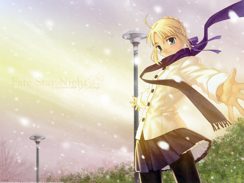 fate/stay_night saber scarf skirt smile snow