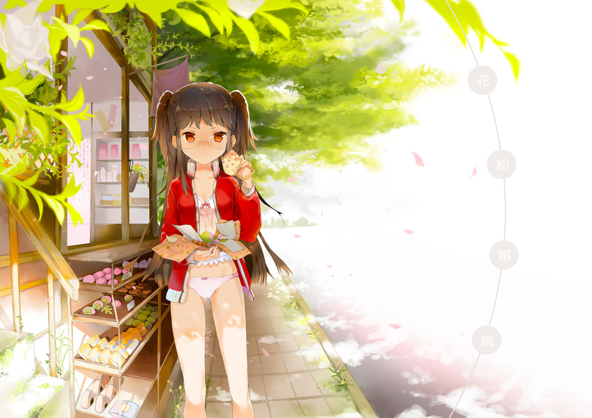 anmi breasts brown_hair camisole cherry_blossoms food glasses highres jacket lingerie midriff no_pants onigiri open_clothes open_shirt original panties petals pink_panties plant red_eyes shirt shop sidewalk small_breasts solo stairs surgical_mask track_jacket tree twintails two_side_up underwear vines