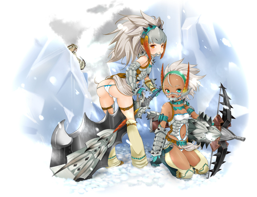 armor ass bare_shoulders barioth barioth_(armor) blue_eyes bowgun breasts butt_crack collarbone dark_skin highres mojarin_(kihara_mojarin) monster_hunter monster_hunter_portable_3rd multiple_girls navel open_mouth red_eyes small_breasts weapon white_hair