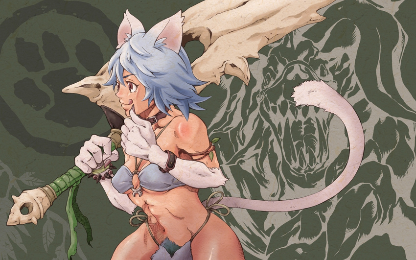 animal_ears capcom cat_ears cat_tail catgirl character_request choker fur highres hinomaru_(firesoul) loincloth monster_hunter muscle muscular_female pubic_hair tail weapon