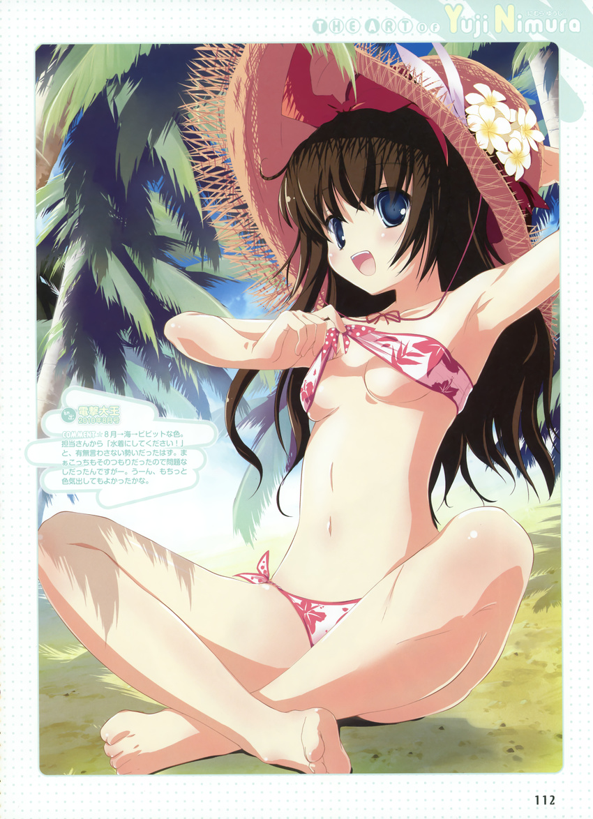 1girl absurdres arm_up armpits bandeau barefoot beach bikini bikini_lift bikini_pull bikini_top_pull blue_eyes blush breasts brown_hair cloud crossed_legs feet flower hat highres indian_style legs legs_crossed lifted_by_self long_hair navel nimura_yuuji open_mouth original palm_tree side-tie_bikini sitting smile solo straw_hat swimsuit toes top_pull tree underboob