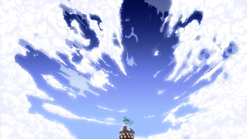 bad_id bad_pixiv_id cloud day from_behind green_hair highres kirise_mitsuru kochiya_sanae long_hair long_skirt onbashira sitting skirt sky solo star_(sky) starry_sky touhou