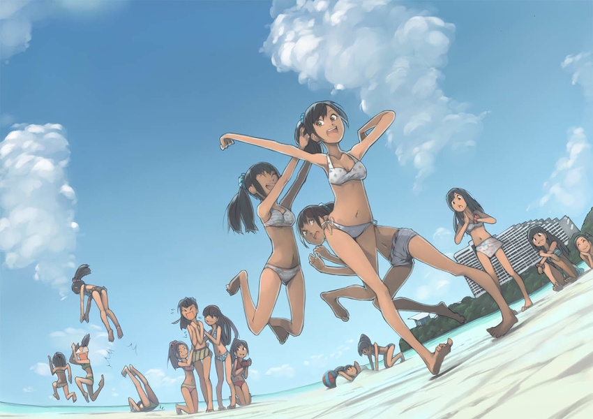 akinbo_(hyouka_fuyou) barefoot beach bikini black_hair blue_sarong blush bracelet breasts brown_hair chin_rest cleavage closed_eyes cloud dark_skin day hands_together jewelry jumping launching long_hair medium_breasts multiple_girls navel open_mouth original outdoors ponytail print_sarong running sand_sculpture sarong short_hair side-tie_bikini sitting sky smile striped striped_sarong surprised swimsuit tan water yellow_sarong