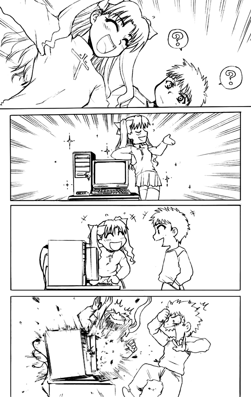 4koma bow chibi cleaned comic computer cross emiya_shirou explosion failure fate/stay_night fate_(series) hair_bow hair_ribbon happy highres long_hair miniskirt monochrome ribbon silent_comic skirt smile surprised takadoya thighhighs tohsaka_rin twintails what zettai_ryouiki