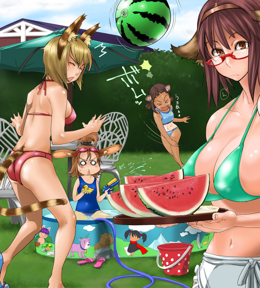 4girls ball beach_ball bikini blonde brown_hair dark_skin hairband kemonomimi megane mizugi one-piece_swimsuit pool tagme tanlines tanned vorpal-duck watergun watermelon