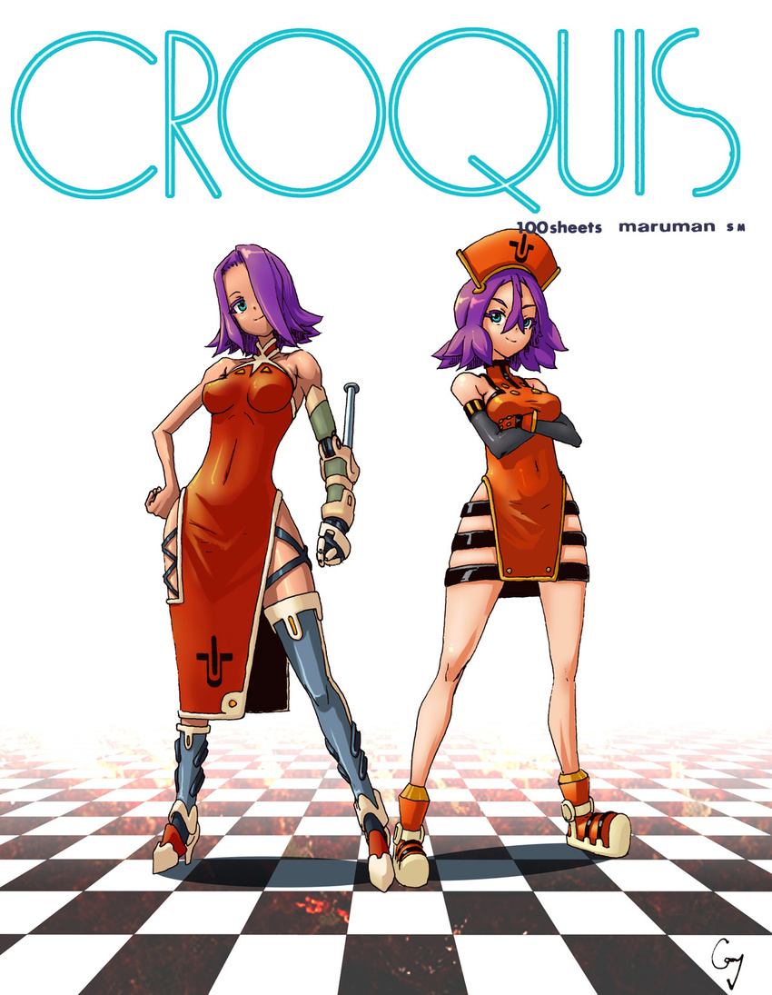 aqua_eyes asymmetrical_clothes checkered checkered_floor cony_(la_locura) crossed_arms elbow_gloves gloves highres libra_(cony) multiple_girls original prosthesis prosthetic_arm purple_hair siblings sisters virgo_(cony) weapon