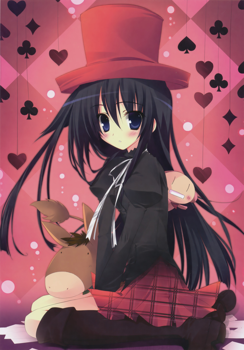 absurdres black_hair blue_eyes blush boots card copyright_request hat heart highres huge_filesize karory long_hair looking_at_viewer lying_card miniskirt plaid plaid_skirt playing_card_theme pleated_skirt red_skirt sitting skirt solo stuffed_animal stuffed_toy wariza