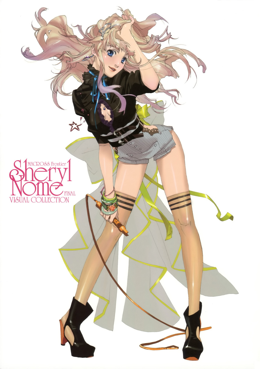 absurdres blonde_hair blue_eyes cleavage_cutout ebata_risa hair_ornament high_heels highres jewelry long_hair macross macross_frontier microphone sheryl_nome shoes single_earring solo thighhighs