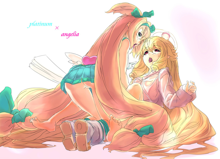 angelia_avallone arcana_heart barefoot blazblue blonde_hair character_name crossover ere_(2516325) feet green_eyes head_bump highres long_hair low-tied_long_hair multiple_girls panties pantyshot platinum_the_trinity quad_tails red_eyes symbol-shaped_pupils underwear very_long_hair yuri