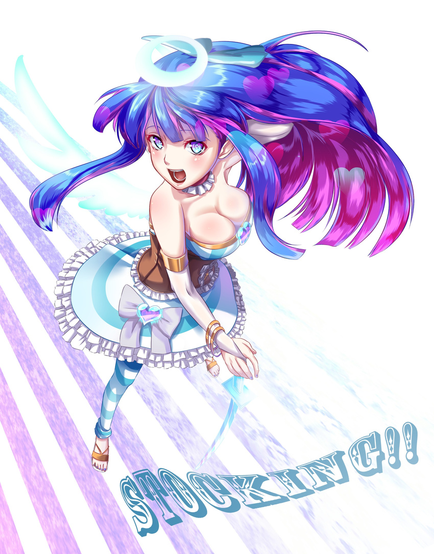 absurdres angel artist_request blush breasts cleavage halo highres multicolored_hair panty_&amp;_stocking_with_garterbelt smile stocking_(character) stocking_(psg) striped striped_legwear striped_stockings sword thighhighs two-tone_hair weapon wings